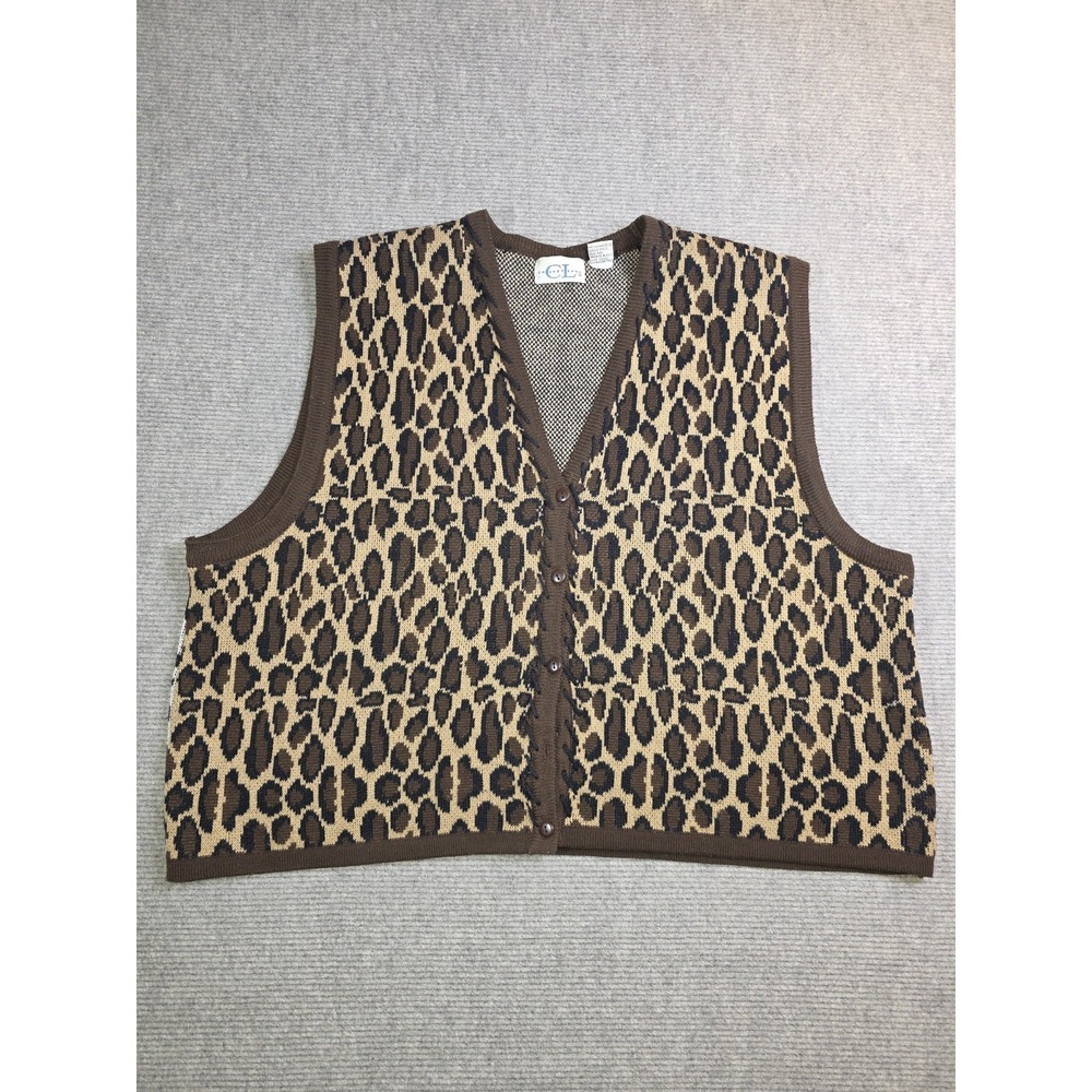 Vtg Cricket Lane Sweater Vest Leopard Zebra Print Chain Stitch Trim Size 24W
